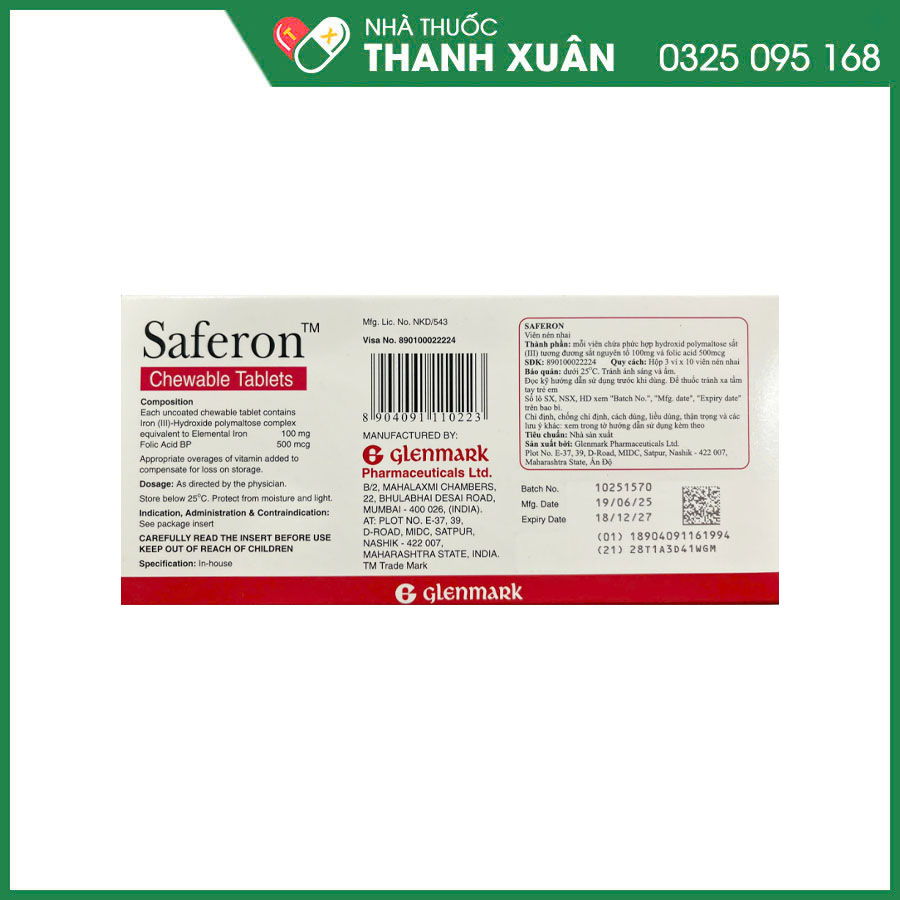 Viên nhai Saferon dự phòng và điều trị triệu chứng thiếu máu thiếu sắt
